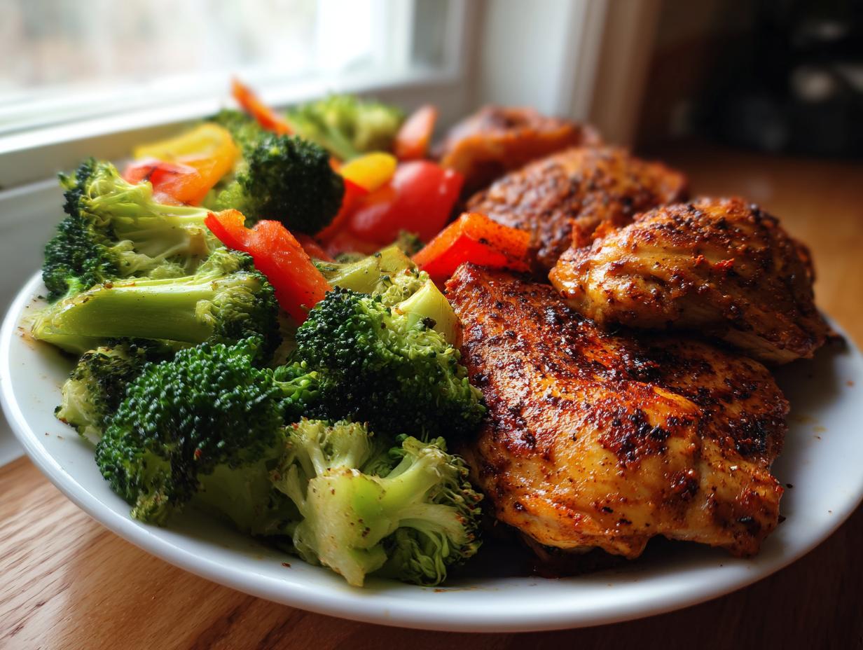 A plate featuring seasoned chicken breasts next to steamed broccoli and red bell peppers, perfect for Low Carb Chicken Meal Prep.