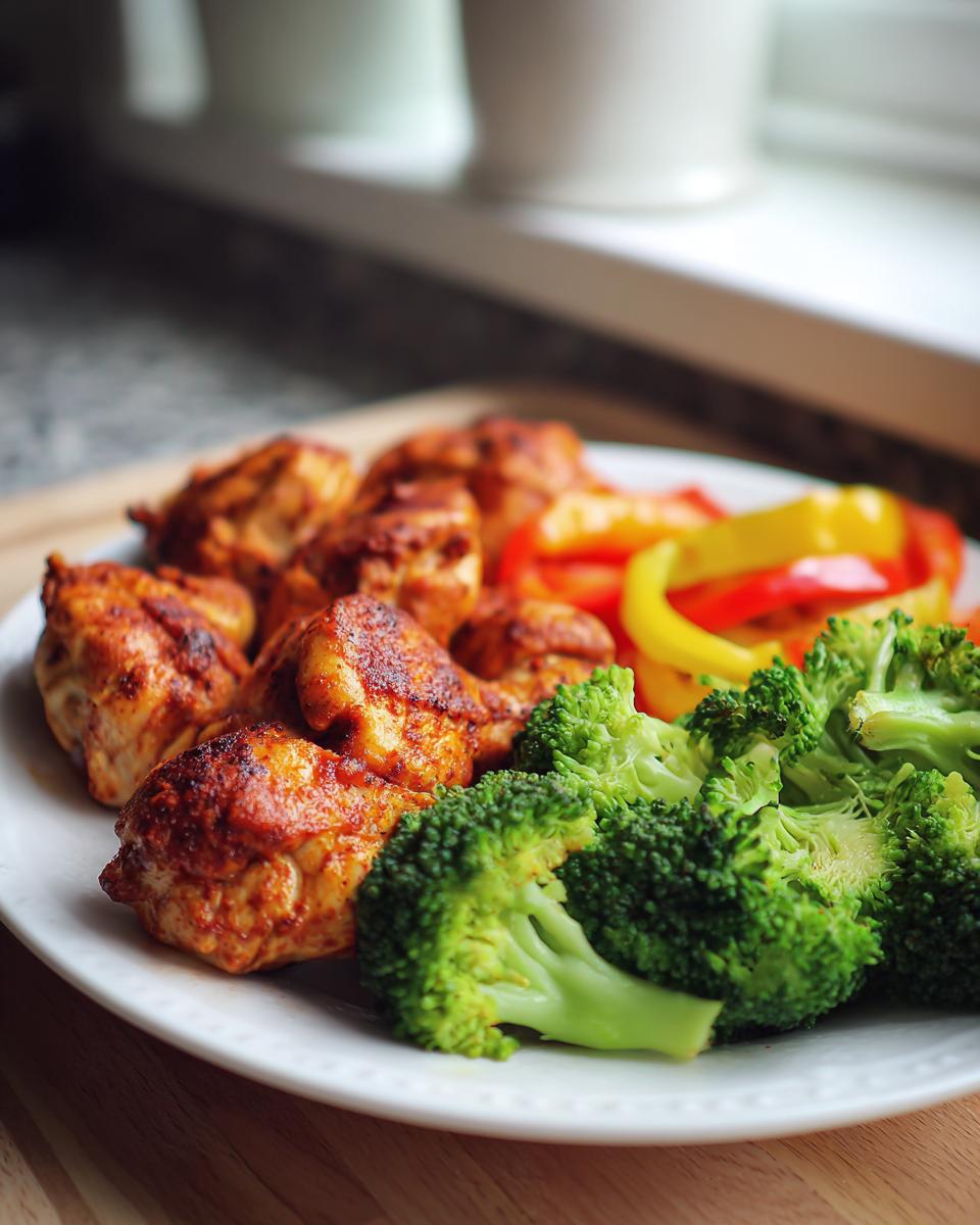 A plate featuring seasoned chicken pieces, bright green broccoli florets, and sliced bell peppers, perfect for Low Carb Chicken Meal Prep.