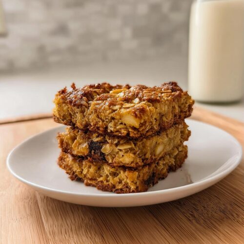 Three stacked baked oatmeal bars, perfect for Make-Ahead Breakfast for Busy Weeks, served on a white plate.