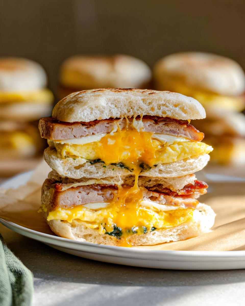 Cross-section of a Make-Ahead Breakfast Sandwich showing layers of egg, sausage, bacon, and dripping melted cheese on a toasted English muffin.