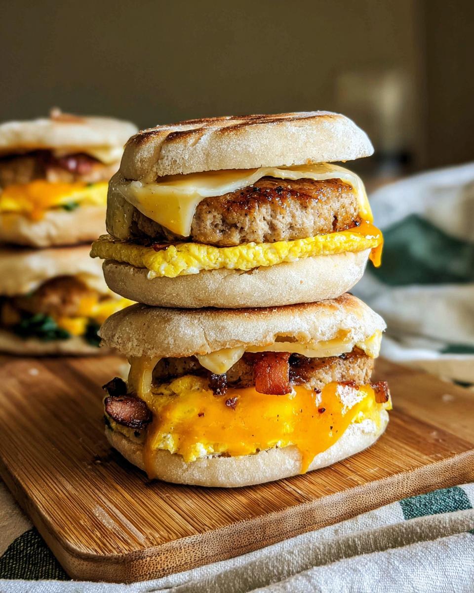 A stack of two Make-Ahead Breakfast Sandwiches on toasted English muffins with sausage, egg, and melted cheese.