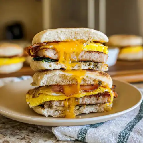 A tall, stacked Make-Ahead Breakfast Sandwich cut in half, showing egg, sausage, bacon, and dripping cheddar cheese.