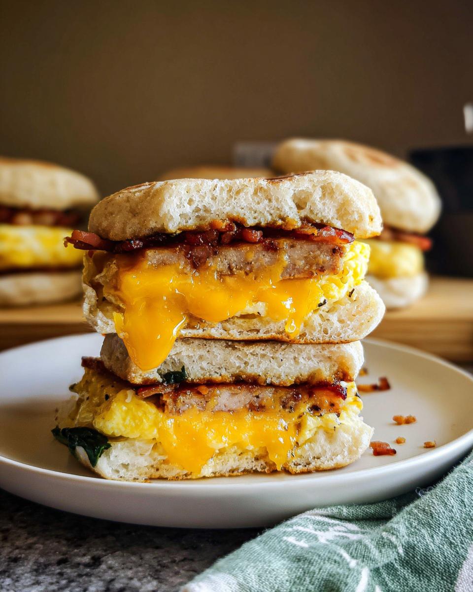 A stacked, halved Make-Ahead Breakfast Sandwich showing layers of English muffin, egg, sausage, bacon, and dripping melted cheddar cheese.