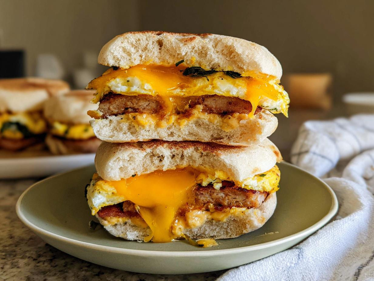 Close-up of a Make-Ahead Breakfast Sandwich cut in half, showing melted cheese, egg, and sausage on an English muffin.
