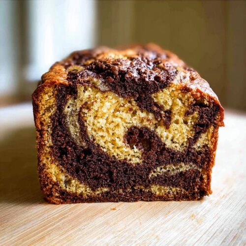 Close-up of a sliced Marbled Chocolate Banana Bread showing rich chocolate and vanilla swirls.