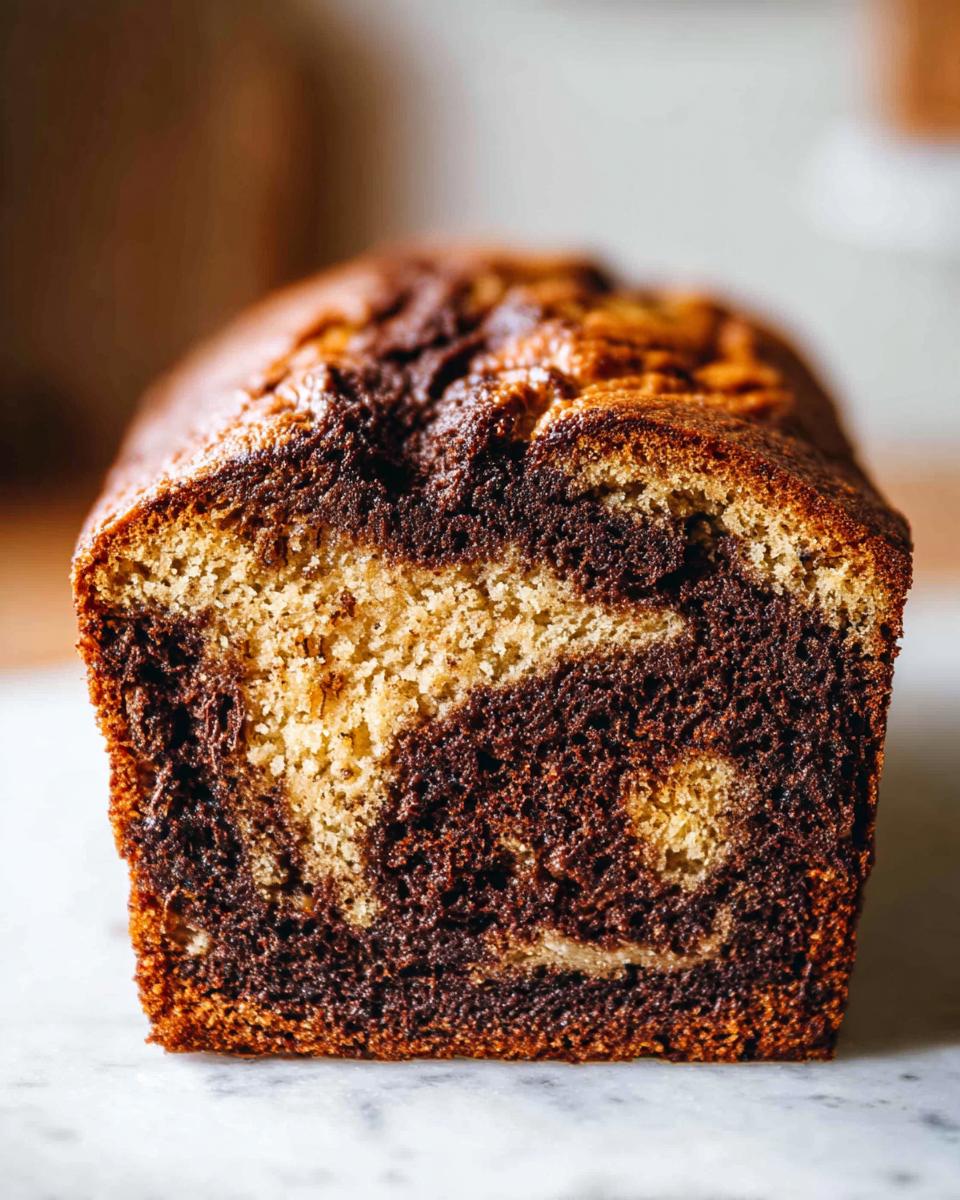 Close-up of a freshly baked Marbled Chocolate Banana Bread loaf showing a beautiful swirl pattern of light and dark batter.