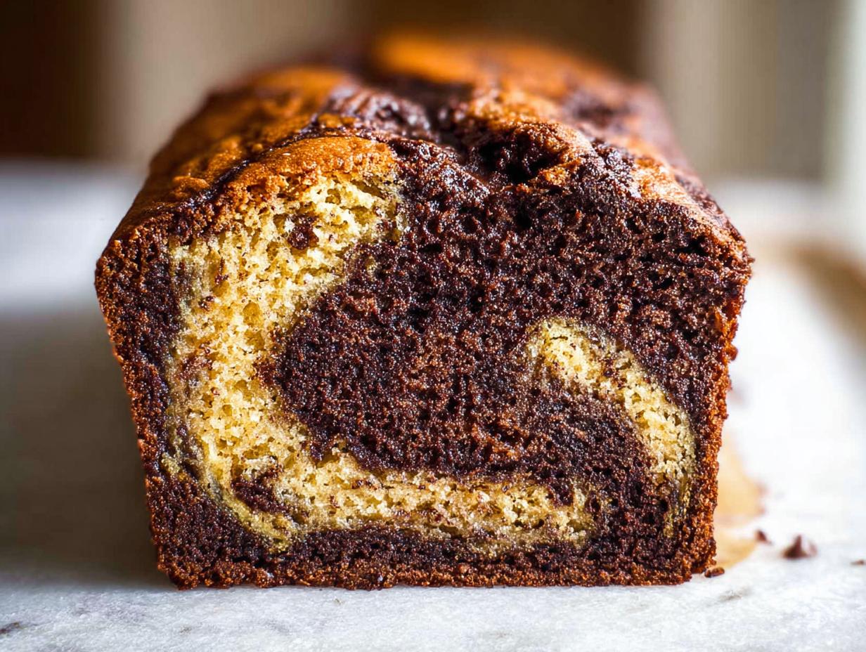 Close-up of a freshly baked Marbled Chocolate Banana Bread loaf showing the swirl pattern of light and dark chocolate batter.