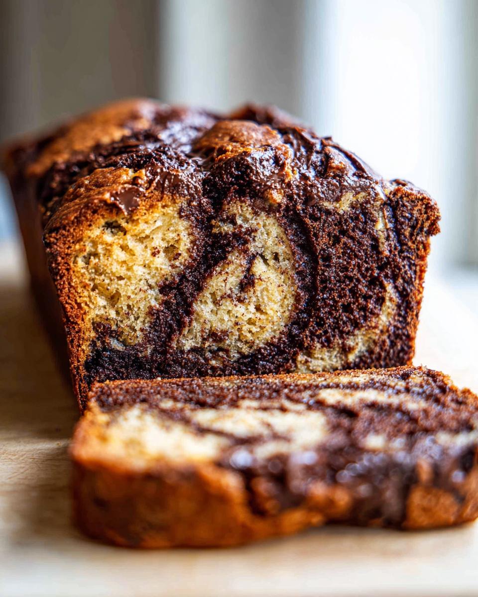 A close-up view of a freshly baked Marbled Chocolate Banana Bread loaf with one slice cut and resting in front.