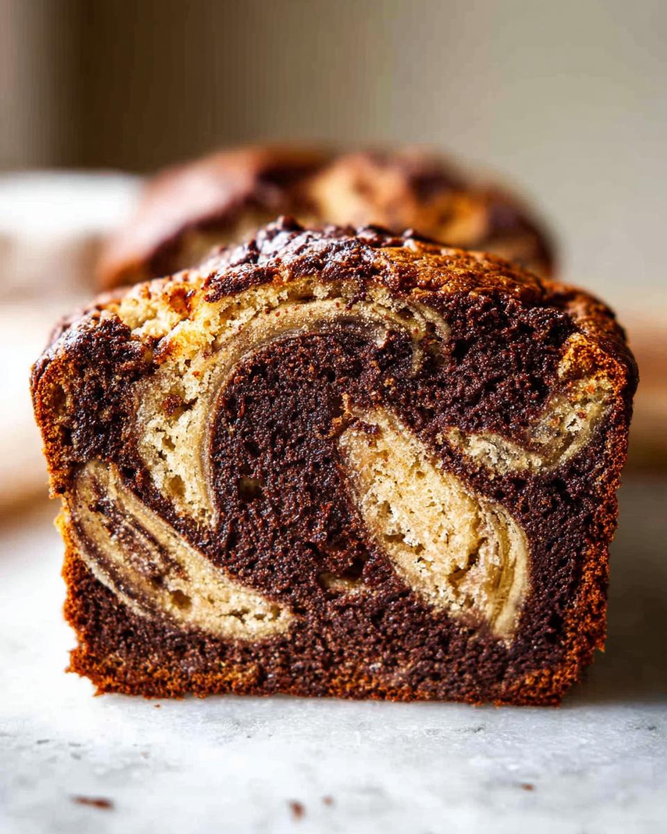Close-up of a thick slice revealing the rich swirl pattern in the Marbled Chocolate Banana Bread.