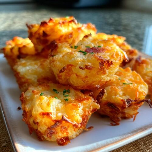 A close-up of several golden brown Mashed Potato Bacon Cheese Puffs, garnished with chives, piled on a white plate.