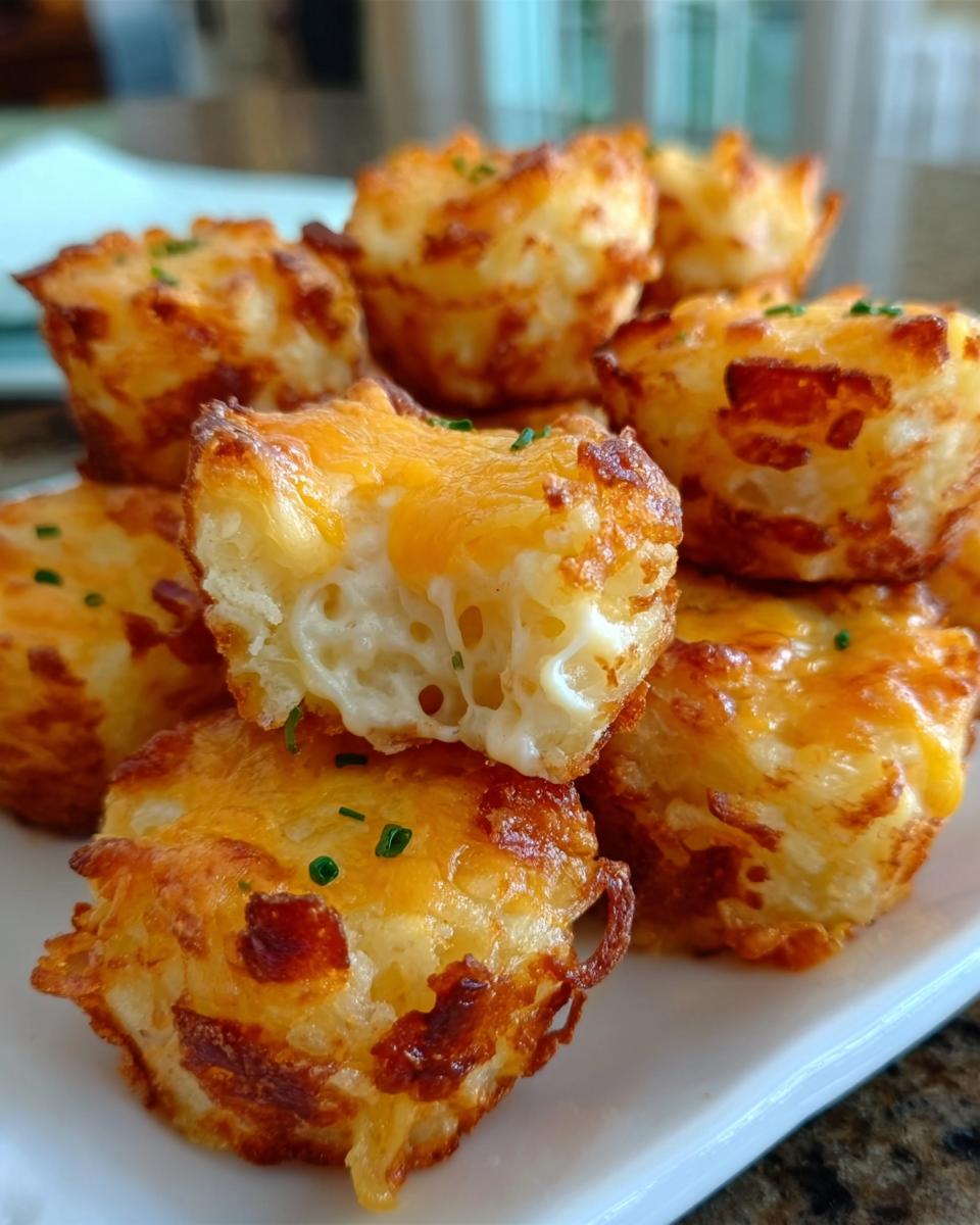 Close-up of golden brown Mashed Potato Bacon Cheese Puffs, one broken open showing melted cheese inside.
