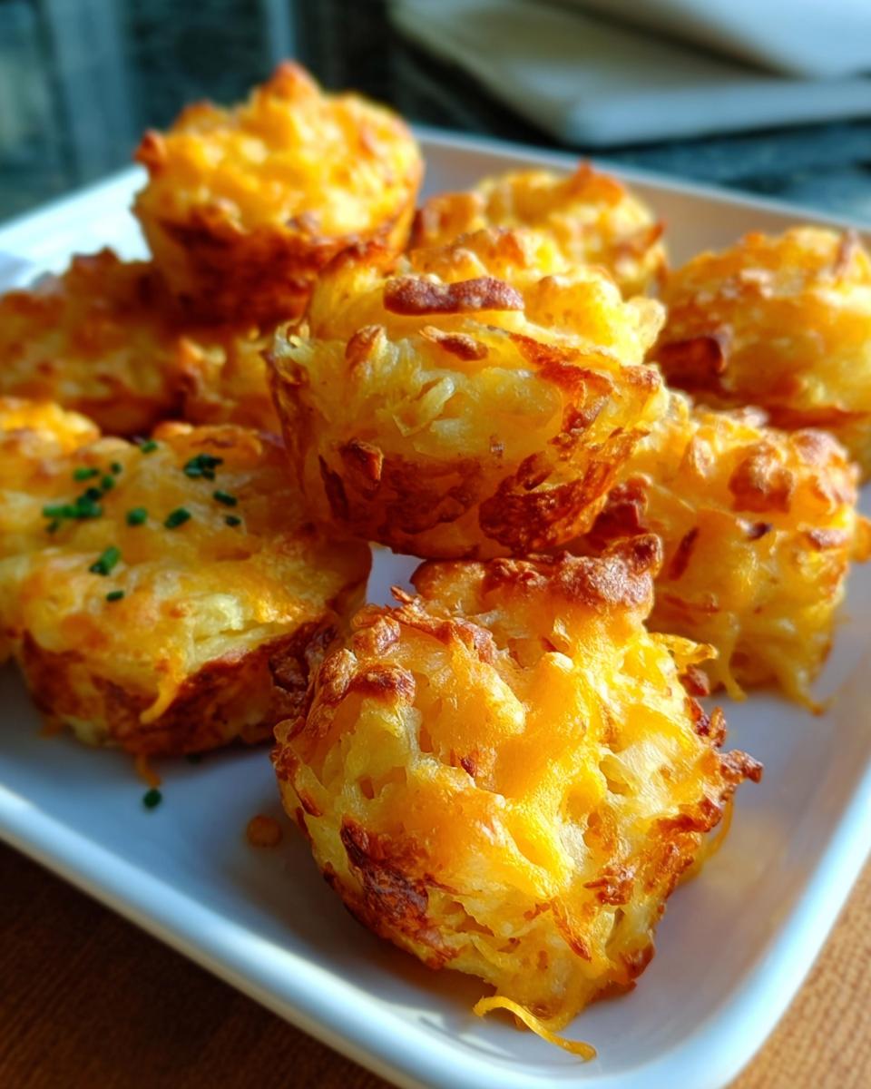 Close-up of several golden brown Mashed Potato Bacon Cheese Puffs stacked on a white serving dish.