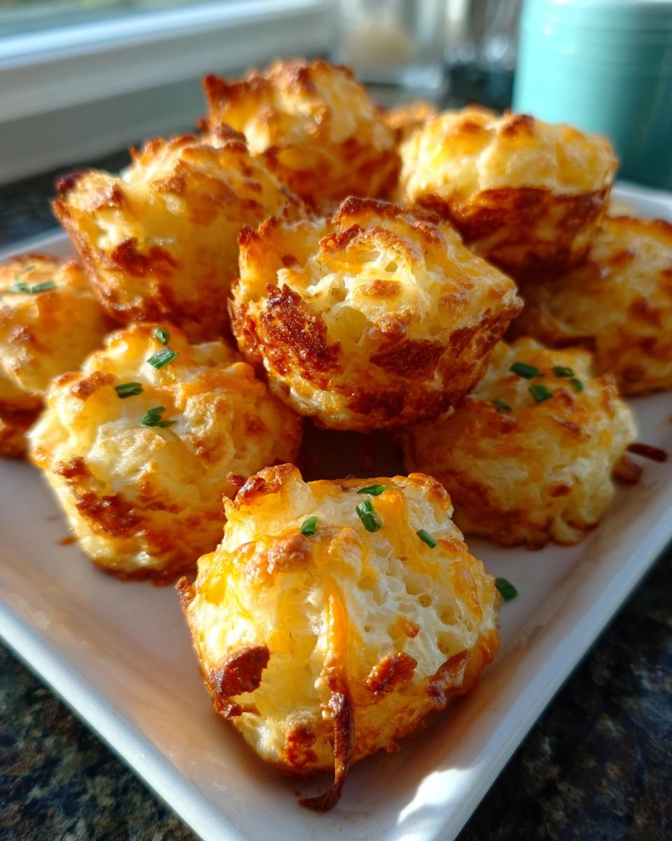 A pile of golden brown Mashed Potato Bacon Cheese Puffs garnished with fresh chives on a white plate.