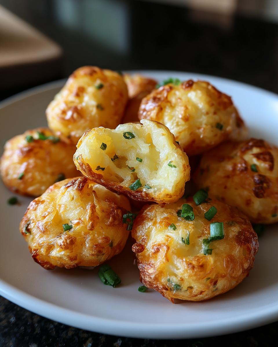 Close-up of golden brown Mashed Potato Jalapeño Cheese Puffs garnished with chives, one puff broken open.