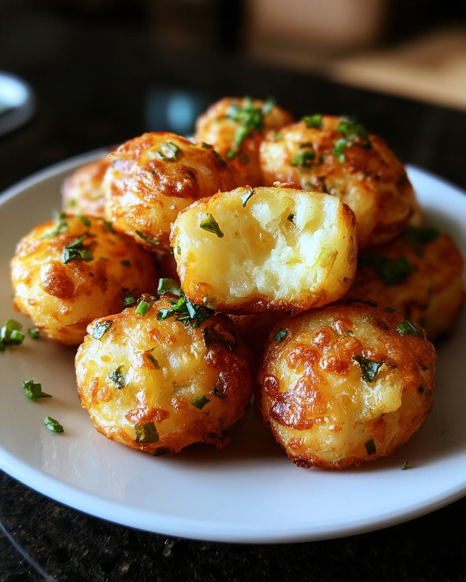 A close-up of golden-brown Mashed Potato Jalapeño Cheese Puffs, one cut open to show the fluffy interior.