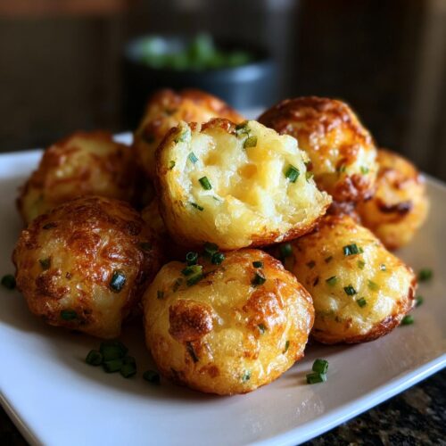 A pile of crispy, golden Mashed Potato Jalapeño Cheese Puffs garnished with chives on a white plate.