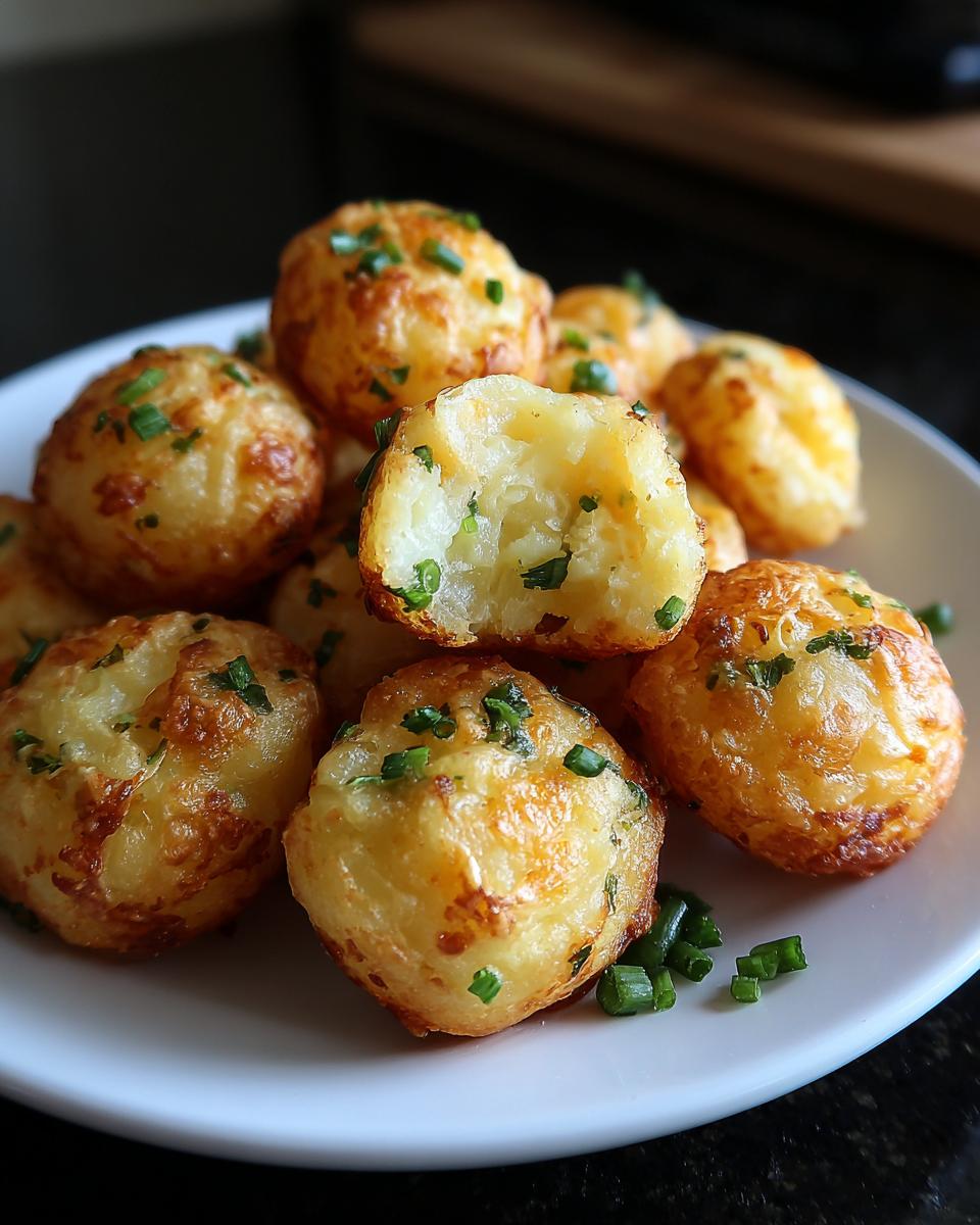A pile of golden brown Mashed Potato Jalapeño Cheese Puffs garnished with fresh chives on a white plate.