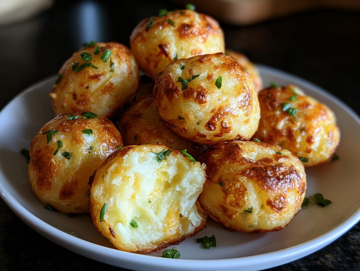 A pile of golden-brown Mashed Potato Jalapeño Cheese Puffs garnished with chives on a white plate.