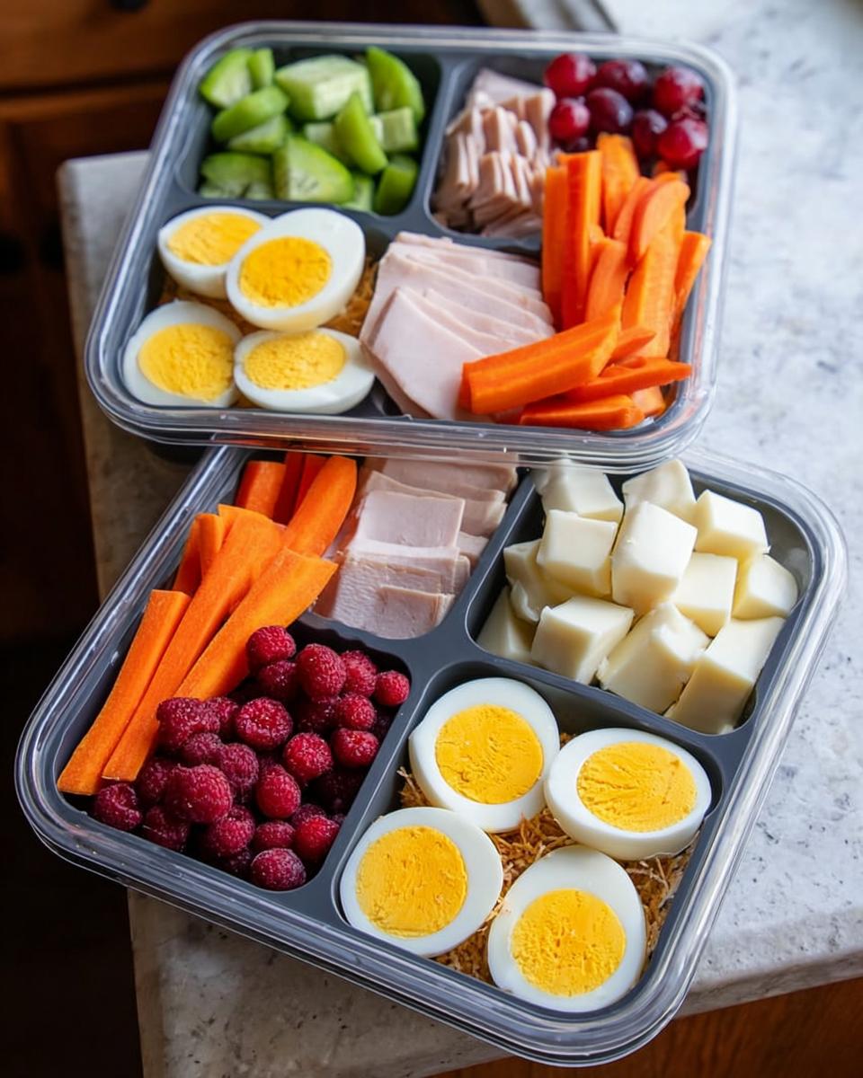 Two stacked Meal Prep Snack Boxes filled with hard-boiled eggs, turkey slices, cheese cubes, carrots, raspberries, and kiwi.