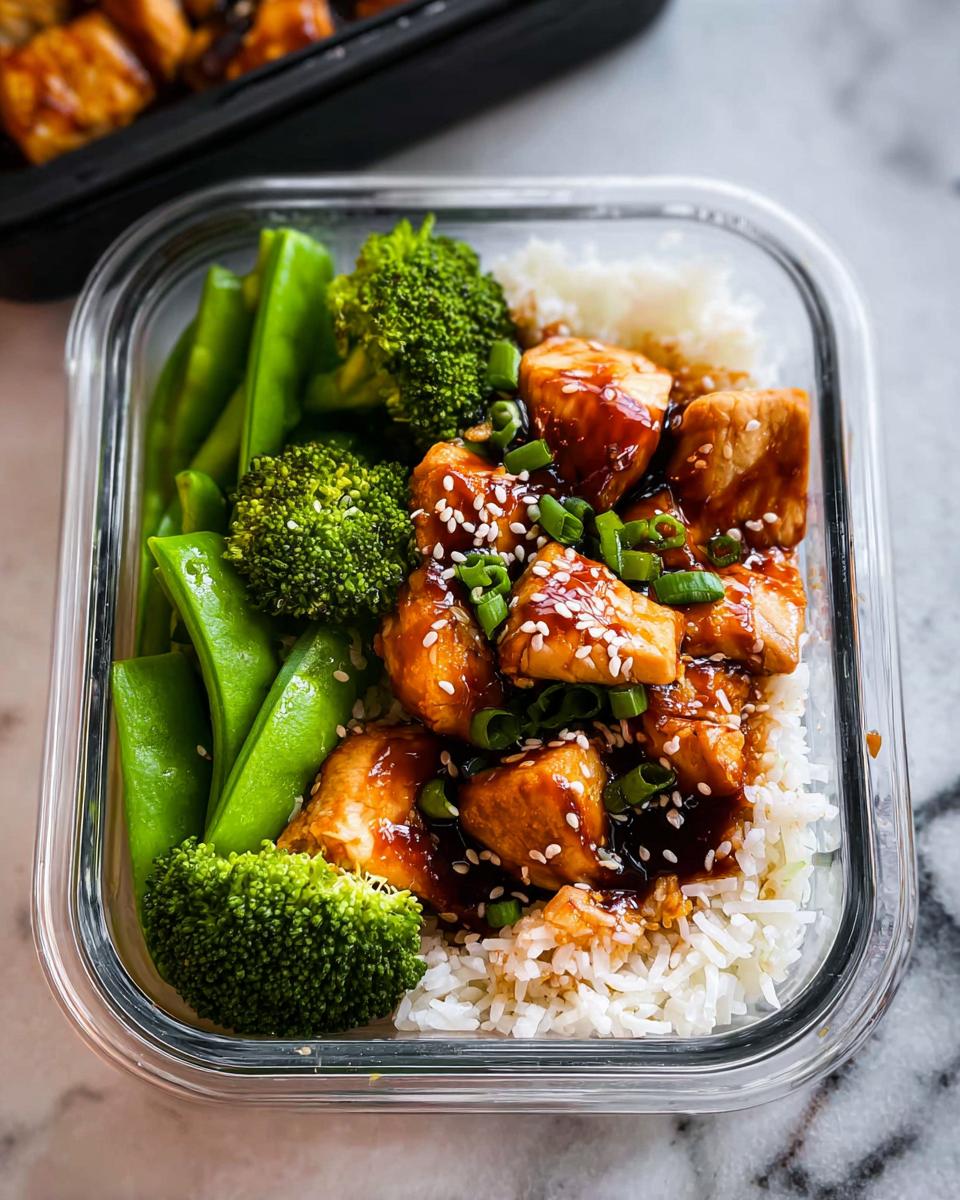 A glass container holding Meal Prep Teriyaki Chicken Bowls with rice, broccoli, snow peas, and sesame seeds.