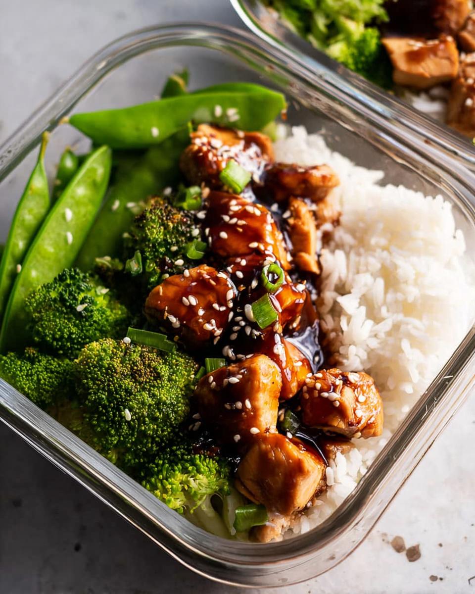 Close-up of Meal Prep Teriyaki Chicken Bowls with rice, broccoli, snap peas, sesame seeds, and green onions.