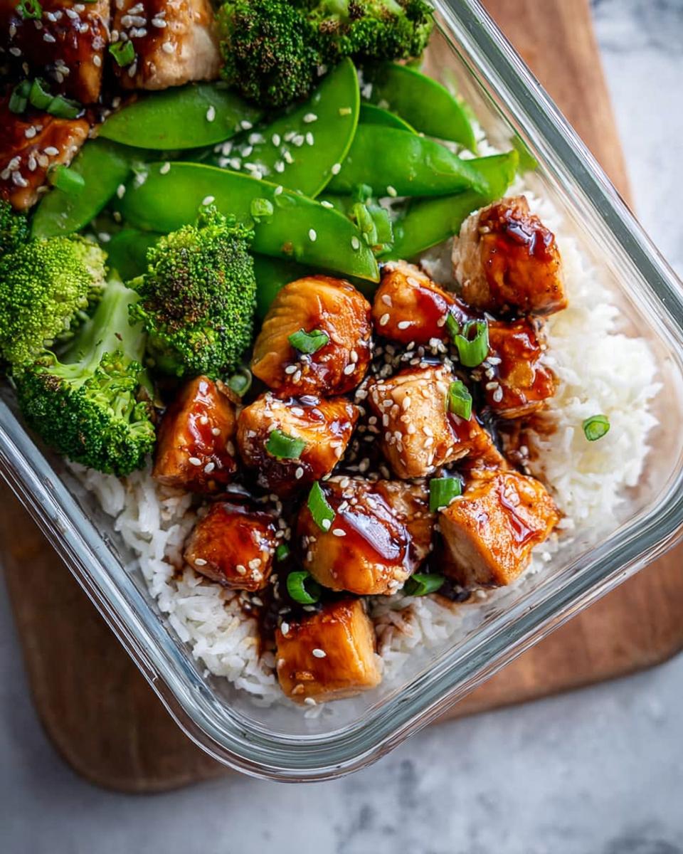 Close-up of Meal Prep Teriyaki Chicken Bowls featuring glazed chicken, white rice, broccoli, and snap peas.