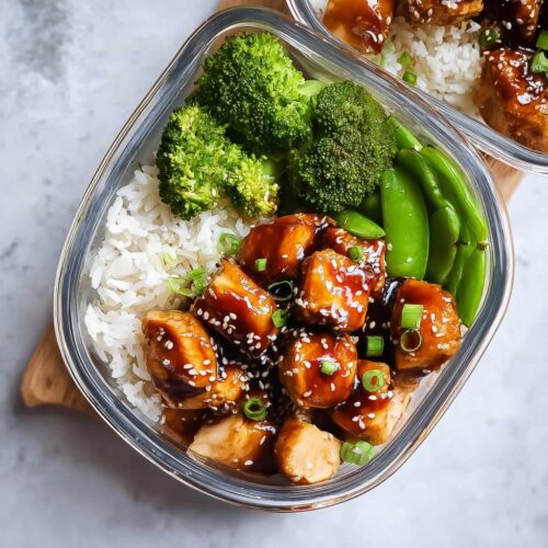 Overhead view of Meal Prep Teriyaki Chicken Bowls featuring saucy chicken, white rice, broccoli, and snap peas in a glass container.