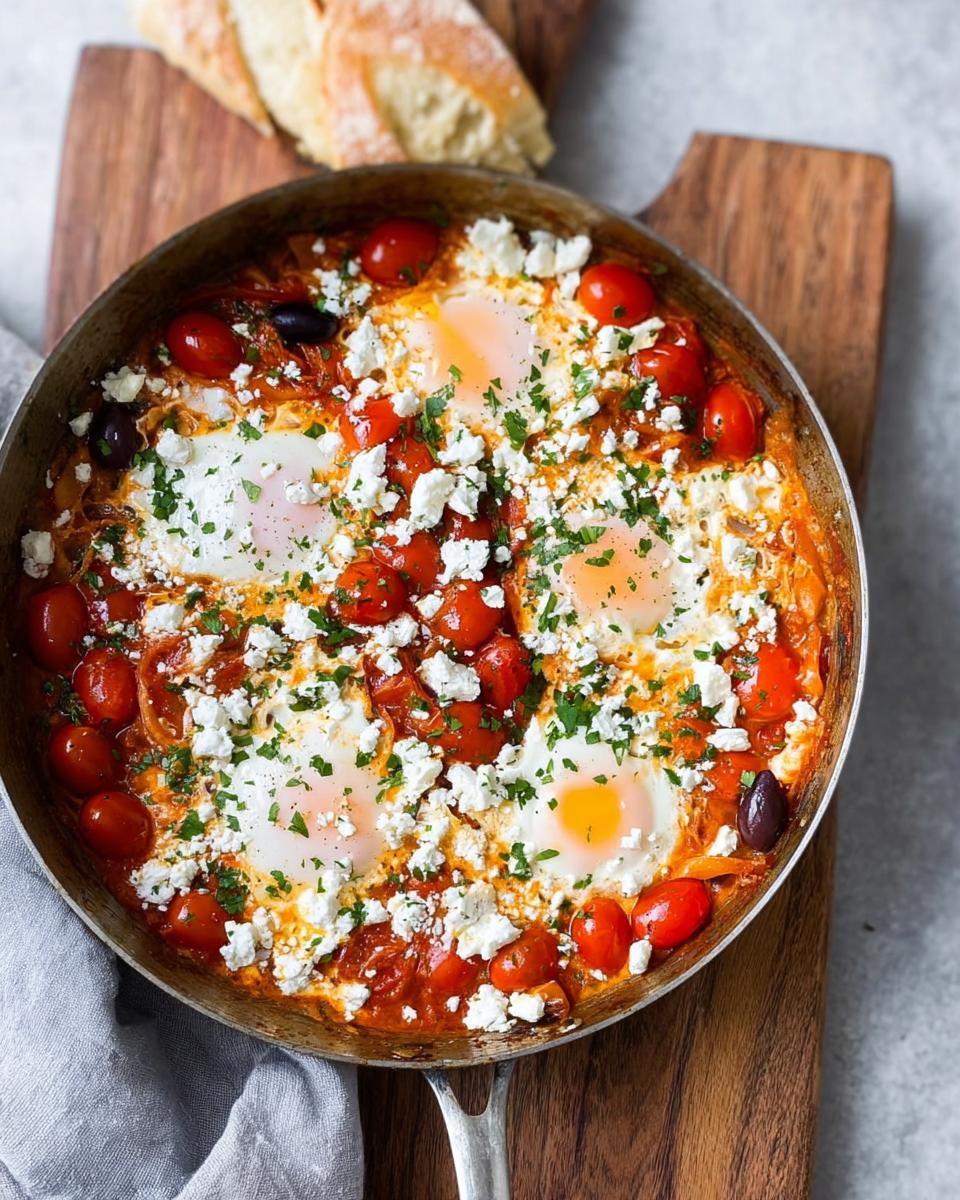 Four baked eggs in a tomato sauce with cherry tomatoes, feta cheese, and olives, part of a Mediterranean Breakfast Baked in One Pan.