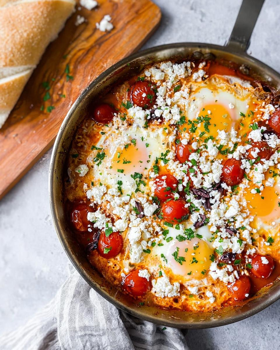 Close-up of Mediterranean Breakfast Baked in One Pan featuring eggs, cherry tomatoes, feta, and herbs.