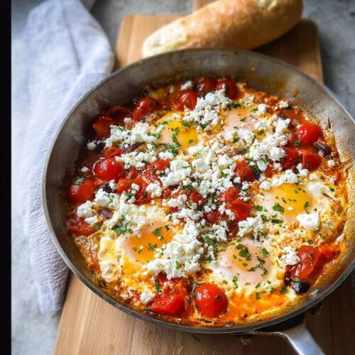 A skillet of Mediterranean Breakfast Baked in One Pan featuring eggs poached in tomato sauce, topped with feta cheese and parsley.