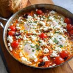 A skillet of Mediterranean Breakfast Baked in One Pan featuring eggs poached in tomato sauce, topped with feta cheese and herbs.