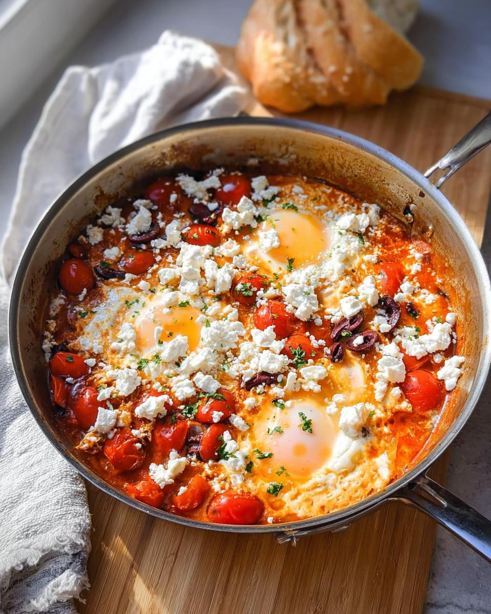 A stainless steel skillet filled with Mediterranean Breakfast Baked in One Pan, featuring eggs poached in tomato sauce, topped with feta cheese and olives.