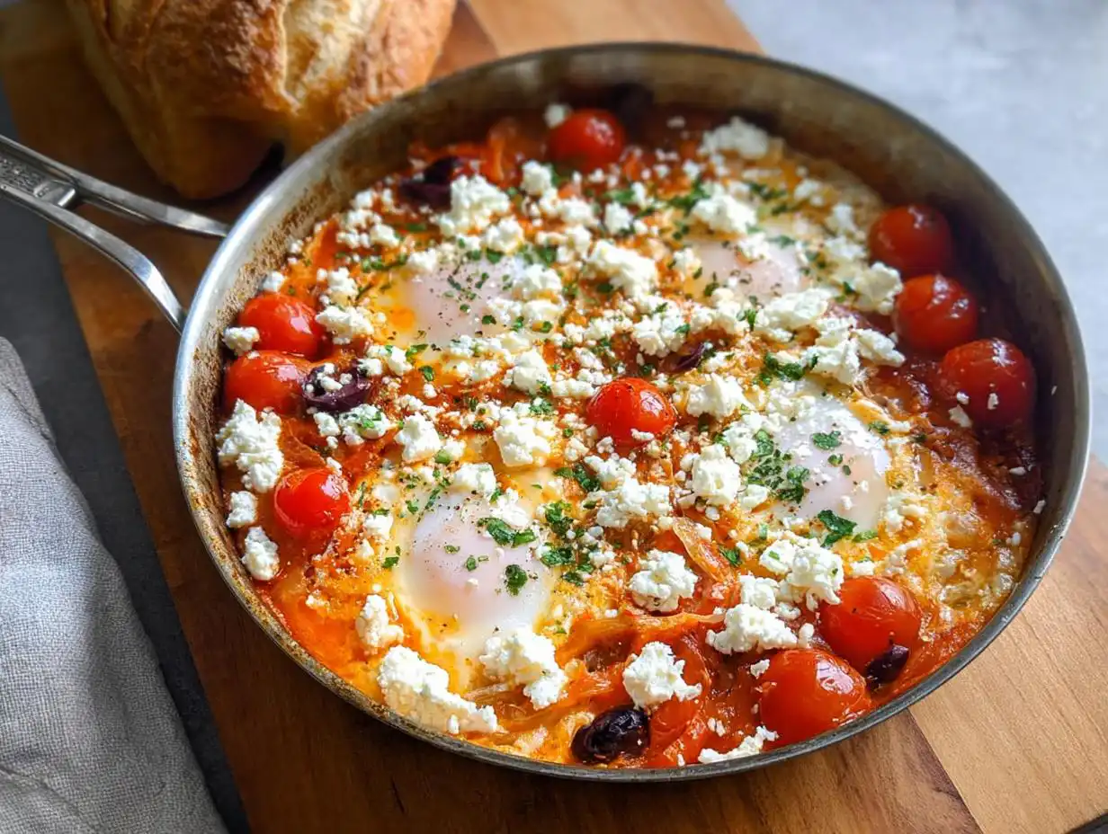 A skillet of Mediterranean Breakfast Baked in One Pan featuring eggs poached in tomato sauce, topped with feta cheese and herbs.