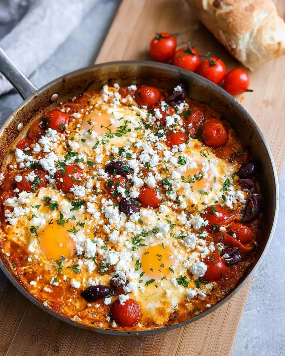 A skillet filled with Mediterranean Breakfast Baked in One Pan, featuring baked eggs, tomatoes, feta cheese, and olives.