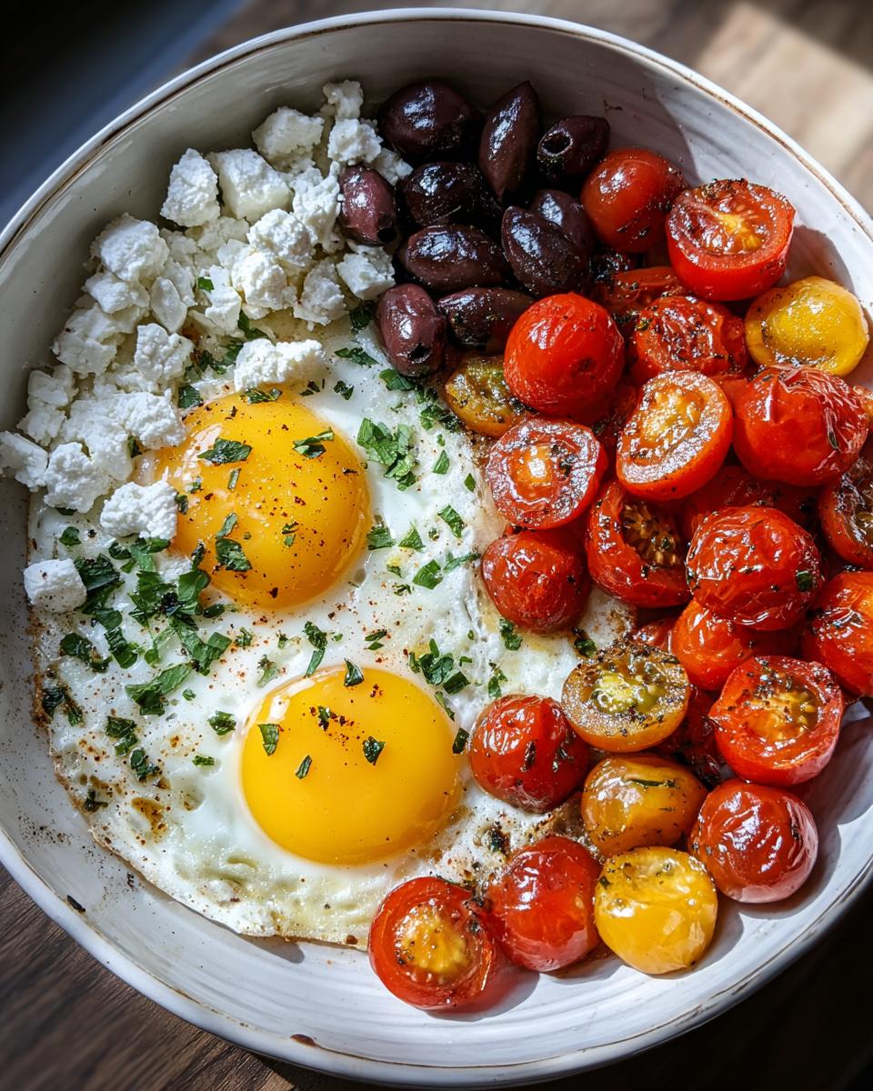 A bowl featuring a Vegetarian Breakfast Idea with two sunny-side-up eggs, roasted cherry tomatoes, feta cheese, and olives.