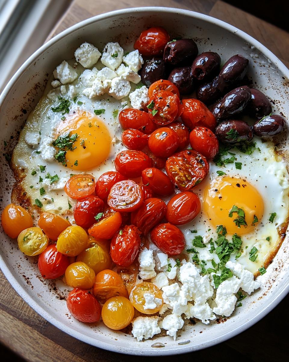 Two sunny-side-up eggs served with roasted cherry tomatoes, Kalamata olives, and crumbled feta cheese—a perfect Vegetarian Breakfast Idea.