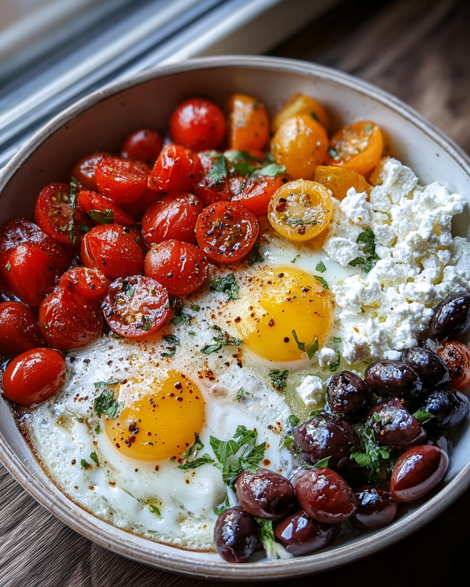 Two sunny-side-up eggs served with roasted cherry tomatoes, feta cheese, and Kalamata olives—a perfect Vegetarian Breakfast Idea.