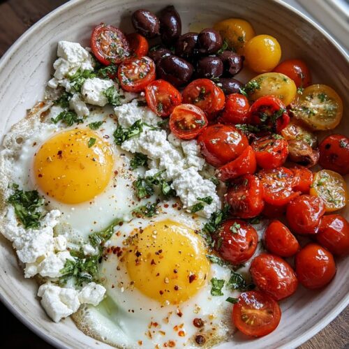 Two sunny-side-up eggs served with roasted cherry tomatoes, Kalamata olives, and crumbled feta cheese—a perfect Vegetarian Breakfast Idea.