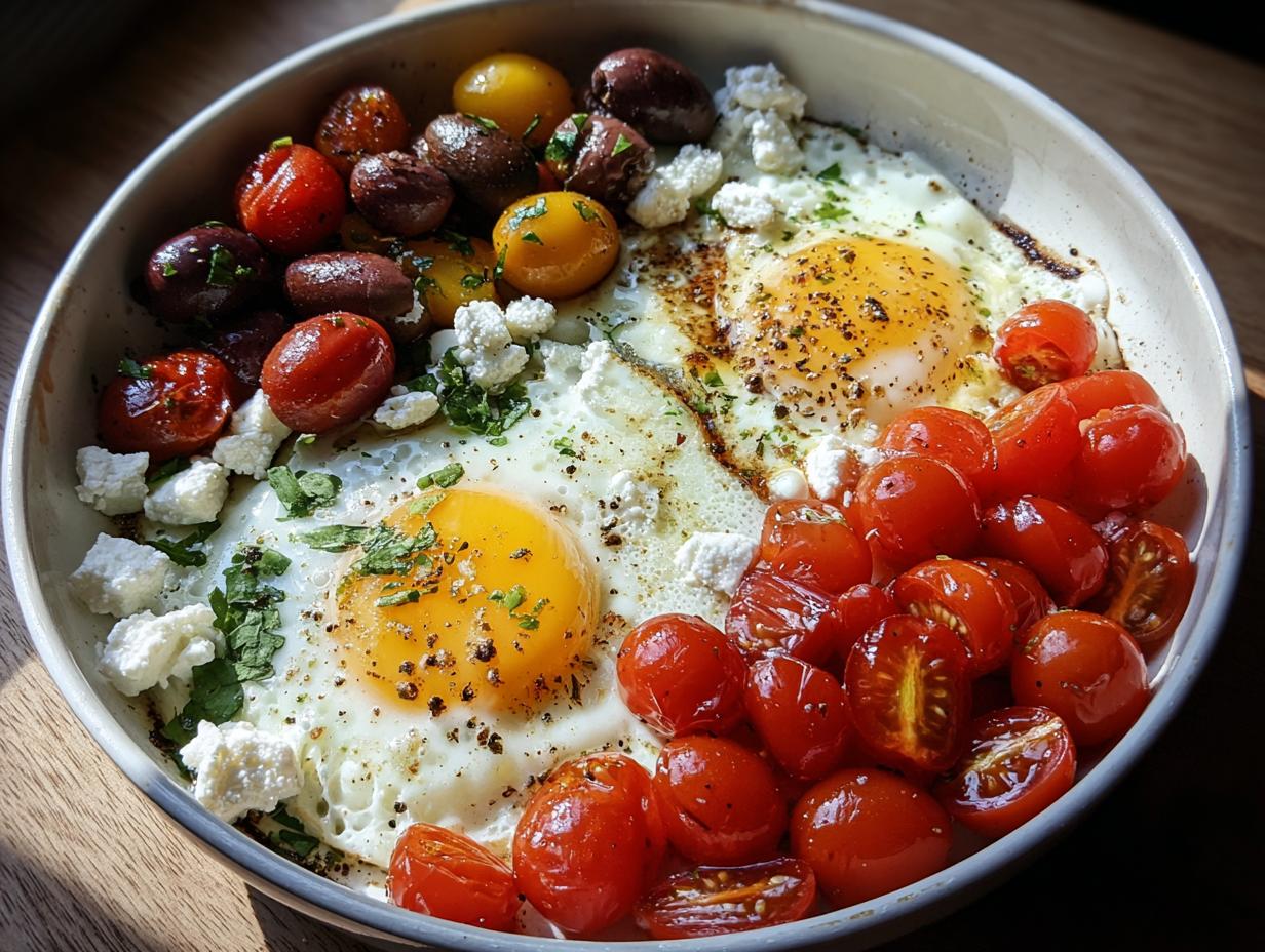 Close-up of a Mediterranean style Vegetarian Breakfast Idea featuring two sunny-side-up eggs, roasted cherry tomatoes, olives, and feta cheese.