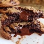 Close-up of Melted Chocolate Cookies broken in half showing molten chocolate center.