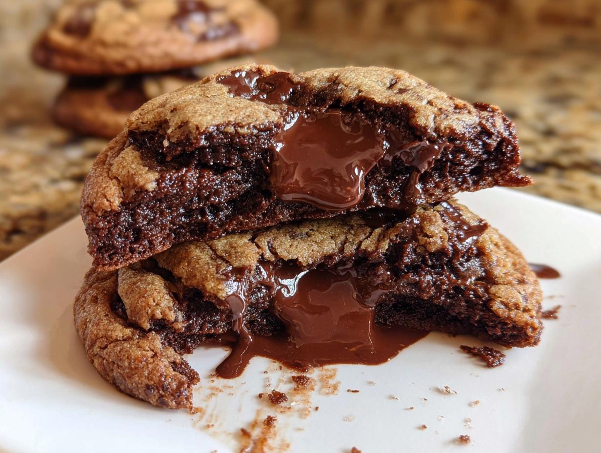 Close-up of Melted Chocolate Cookies broken in half showing molten chocolate center.