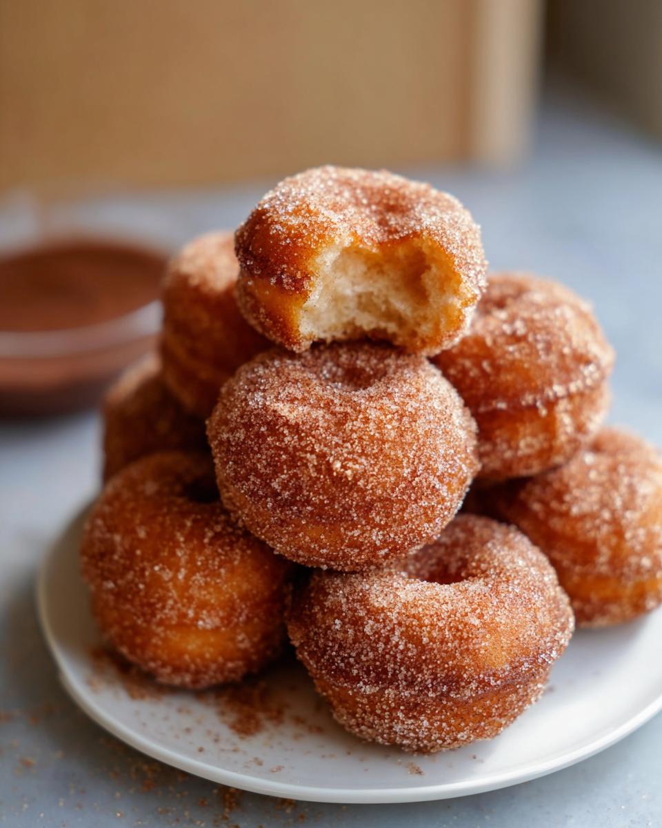 A stack of golden Mini Air Fryer Churro Donuts heavily coated in cinnamon sugar, one with a bite taken out.