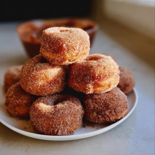 A stack of golden brown Mini Air Fryer Churro Donuts generously coated in cinnamon sugar on a white plate.