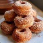 A stack of golden brown Mini Air Fryer Churro Donuts heavily coated in cinnamon sugar, served on a white plate.