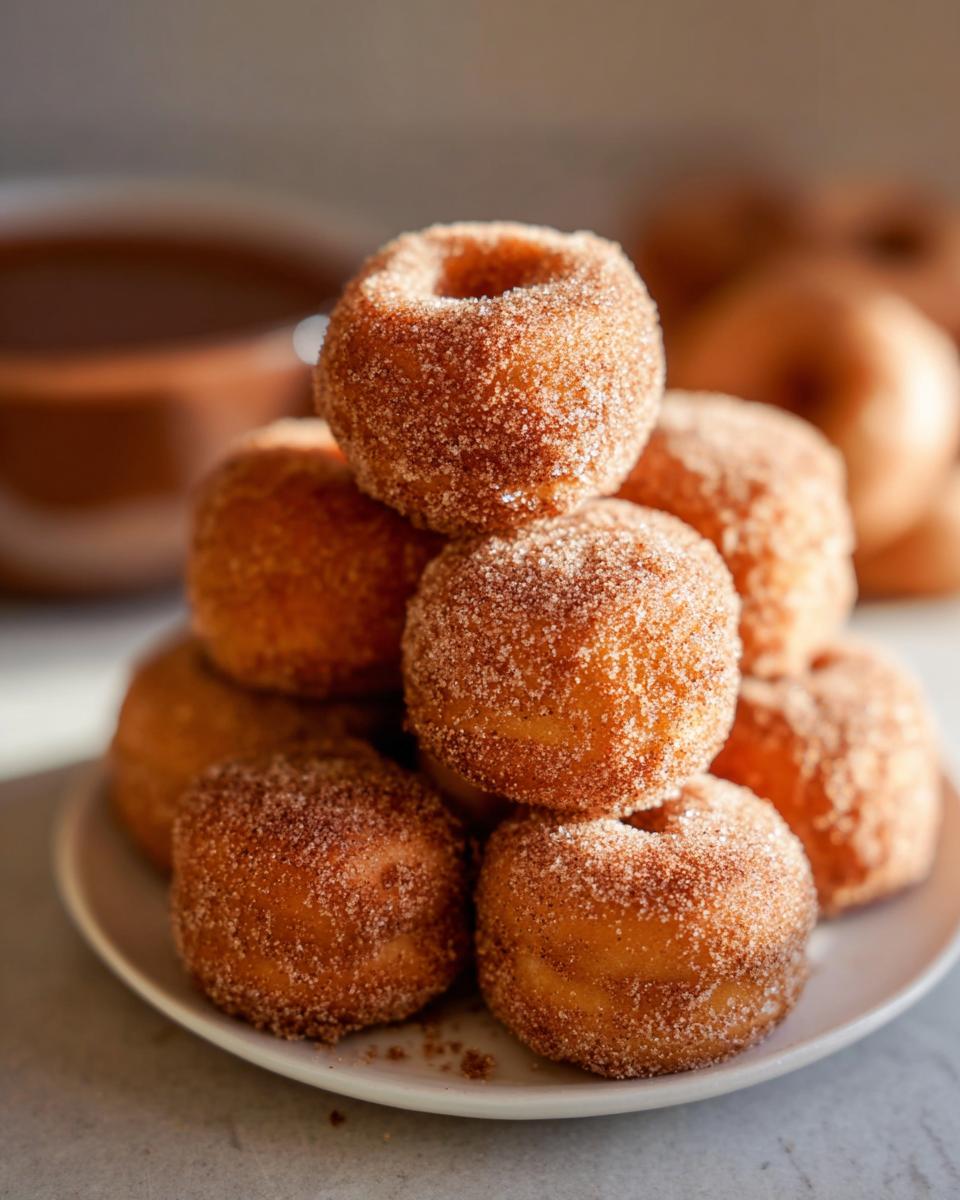 A tempting stack of Mini Air Fryer Churro Donuts generously coated in cinnamon sugar, resting on a white plate.