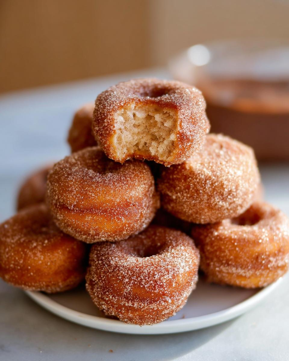 A stack of golden Mini Air Fryer Churro Donuts coated in cinnamon sugar, with one donut on top having a bite taken out.