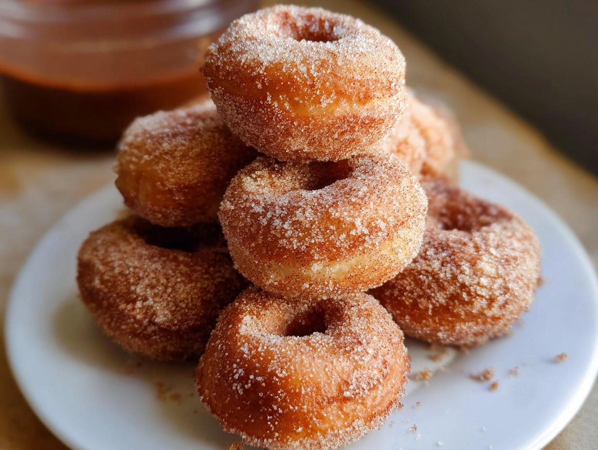 A stack of golden brown Mini Air Fryer Churro Donuts heavily coated in cinnamon sugar, served on a white plate.
