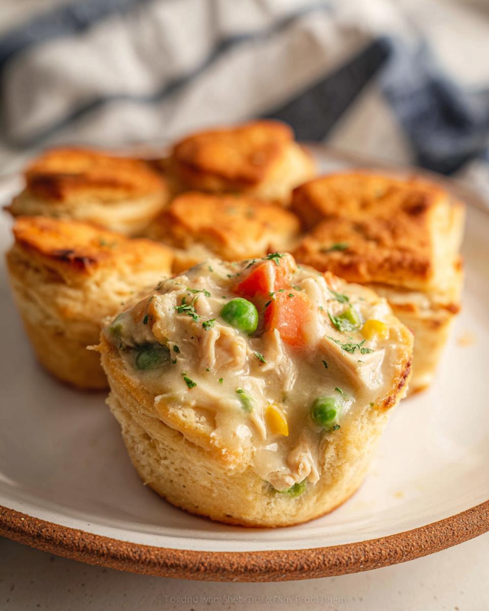 A close-up of one of the Mini Chicken Pot Pies in Crockpot, showing the creamy filling with chicken, peas, and carrots inside a biscuit cup.