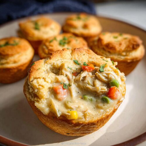 A close-up view of one of the Mini Chicken Pot Pies in Crockpot, showing the creamy filling with chicken, carrots, and peas.