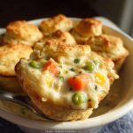 A spoonful of creamy filling scooped from one of the Mini Chicken Pot Pies in Crockpot, showing peas and carrots.